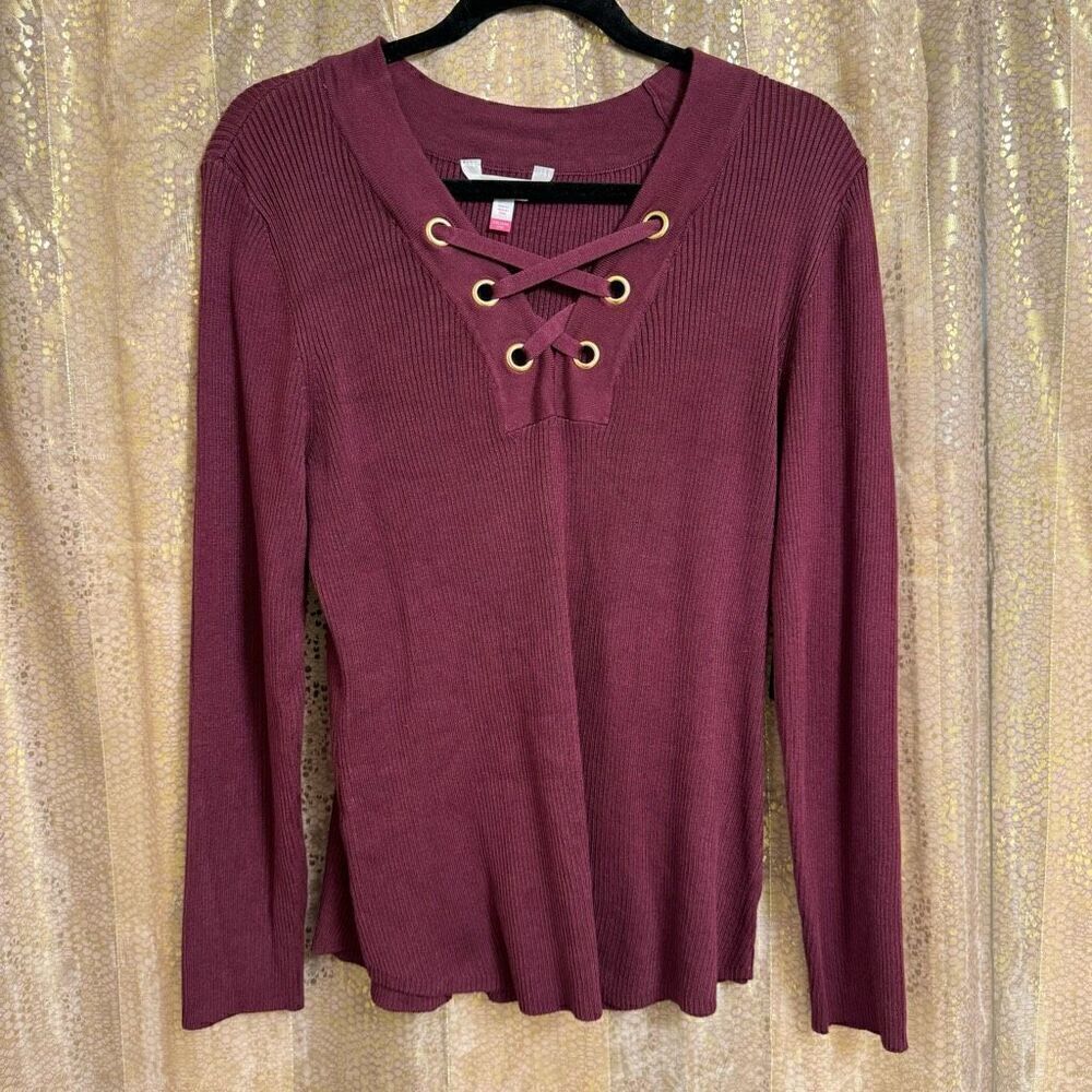 No Boundaries Burgundy Maroon Ribbed Stretchy Lace Up Sweater XXL NWT